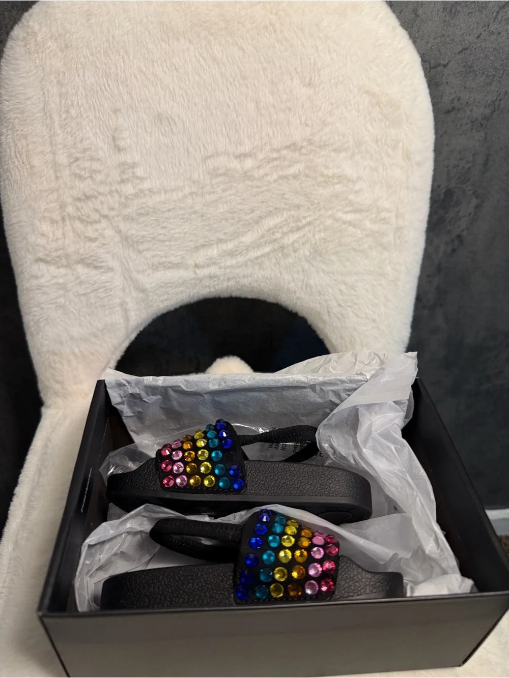 Black Slide Sandals with Multicolor Gem Accents - Women